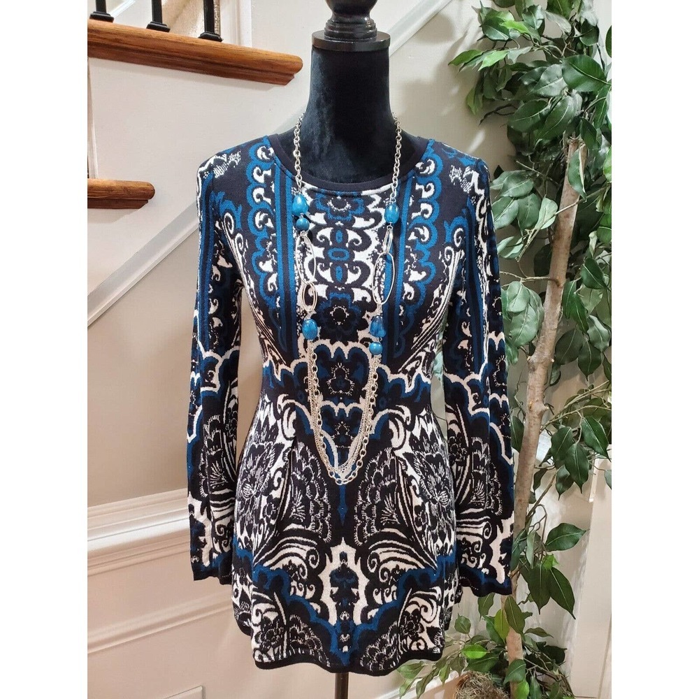 Style & Co Blue White Cotton Round Neck Long Sleeve Pullover Knit Sweater Small